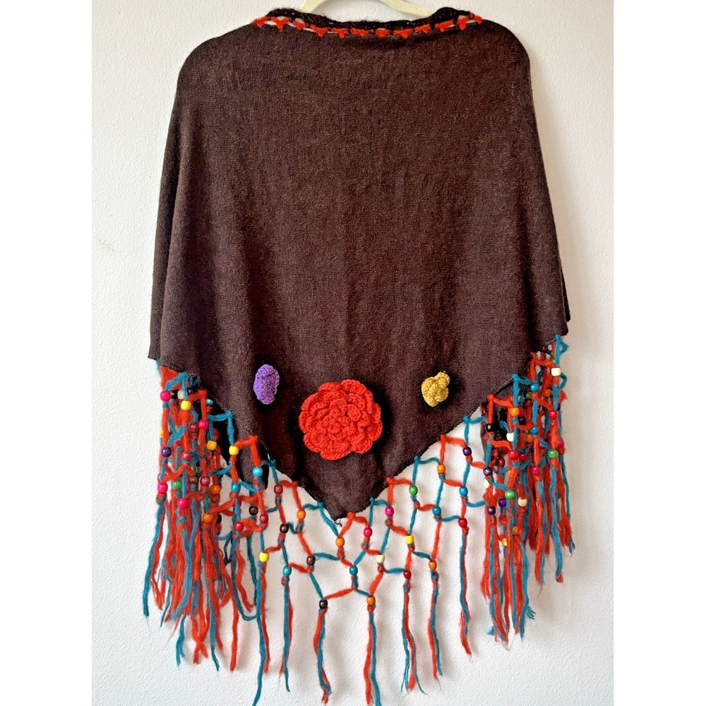 Treska Collection Women Brown Aztec Beaded Fringe Knit Shawl Scarf Crocheted NWT